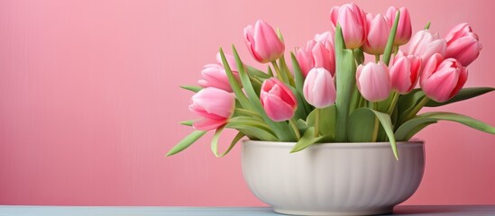 A beautiful flowerpot with pink tulips stands on a table near the window, enhancing the room with its vibrant colors and natural beauty