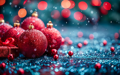 Obraz na płótnie Canvas Red Christmas ornaments adorned with glitter and bows rest on a sparkling blue surface, with bokeh lights creating a festive atmosphere.