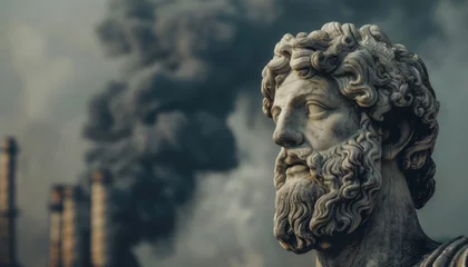  Sculpture of a Greek philosopher against the backdrop of factories with black smoke, pollution and ecology. © Marina