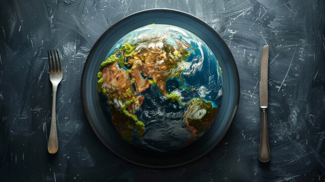A thought-provoking image of the Earth served on a dinner plate, flanked by cutlery, symbolizing the impact of human consumption on the planet.