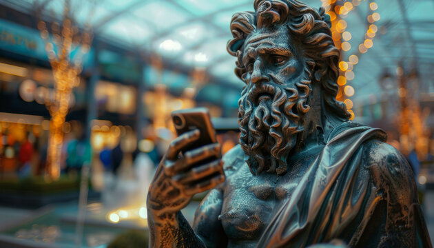 Fototapeta An ancient sculpture of a Greek man with a smartphone in his hands on the streets of Europe at night.