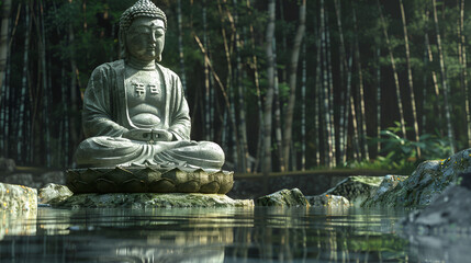 Buddha Statue with Zen Garden and Copy Space, Serene Meditation Concept for Inner Peace and Relaxation, Generative AI

