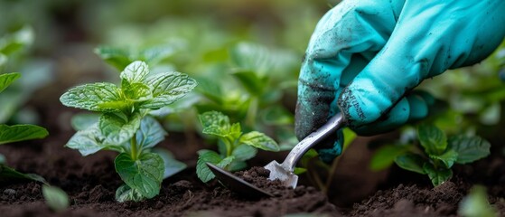 A gardener planting Chocolate Mint with a trowel in a herb garden - obrazy, fototapety, plakaty