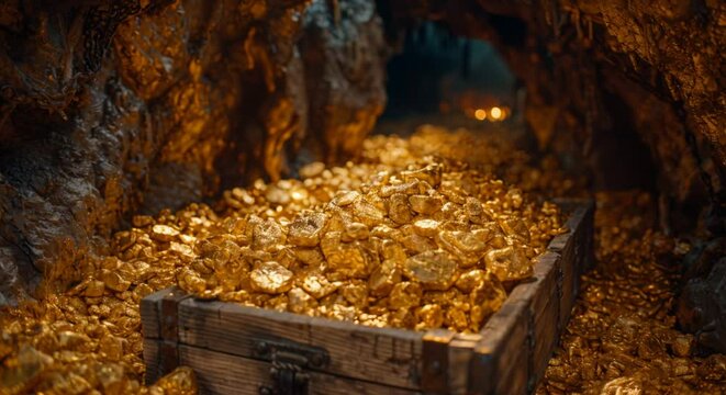 Box of gold in the mine,Digging found a treasure that contained a lot of gold.