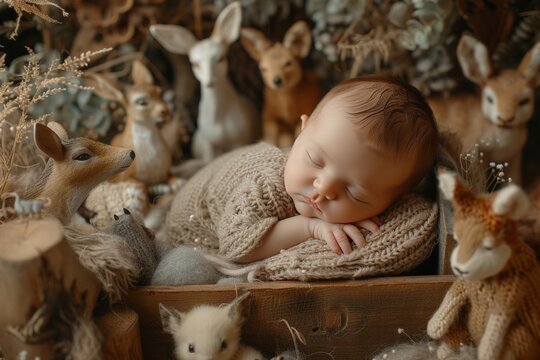 Professional Photography of a newborn sleeping peacefully in a wooden crate filled, Generative AI
