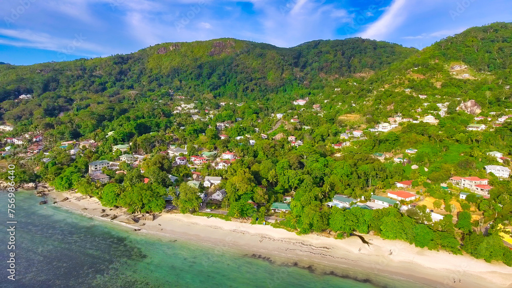 Sticker mahe beach, seychelles. aerial view of tropical coastline on a sunny day