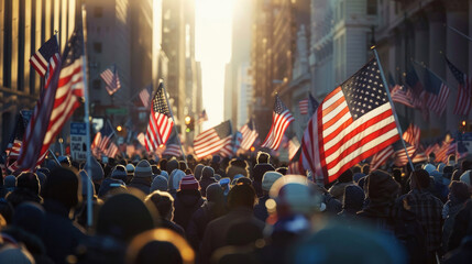 Unity and Strength: A powerful gathering of individuals marching in unison, brandishing American flags, under the early morning sun - obrazy, fototapety, plakaty