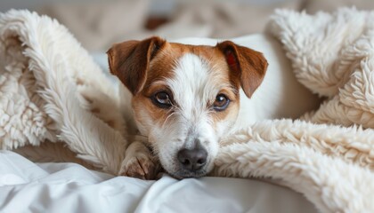Allergy to cute dog on bed with fluffy blanket