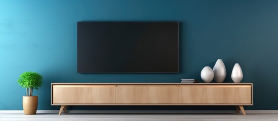 A living room featuring a rectangular wooden entertainment center with a flat panel display TV mounted on the wall. The perfect gadget for entertainment and relaxation