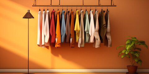 ow of female clothing ,with floral sundress and different coat on hanger clothing store yellow wall background