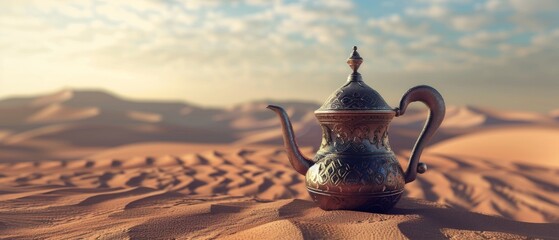 Arabic coffee pot in desert sand - obrazy, fototapety, plakaty