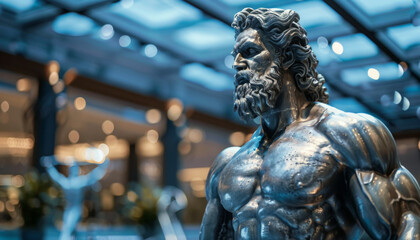 Fototapeta premium Modern metal sculpture of a muscular bodybuilder with a barbell in his hands.