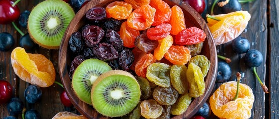 Assorted dried fruits in wooden bowl from above Raisins kiwi cherries plums apricots dates pineapples figs melon - obrazy, fototapety, plakaty