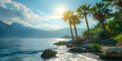 Tranquil Mediterranean Coastline with Sunlit Palm Trees. Concept Travel Photography, Mediterranean Architecture, Coastal Landscapes, Tropical Palm Trees, Sunset Vibes