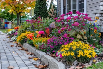 Fototapeta na wymiar Autumn flower bed in urban garden