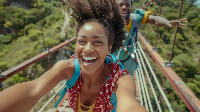 Woman and a man in their 30s. They are standing on a high bridge and make a bungee jump. They are happy and smiling. 
