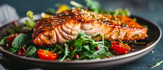 Baked or fried salmon with salad Mediterranean style steamed fish teriyaki oven dish Healthy gluten and lectine free - obrazy, fototapety, plakaty