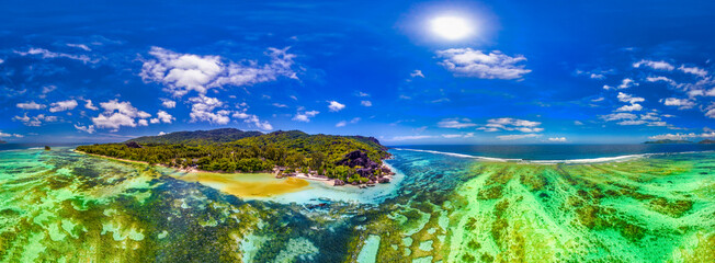 Panoramic aerial view of La Digue Island, Seychelles