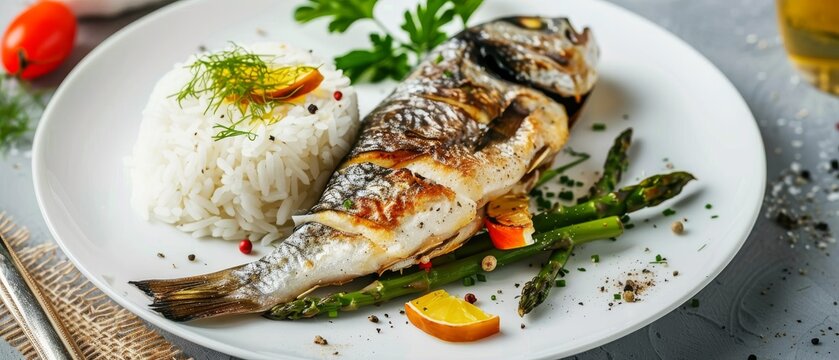 Baked fish with white rice and asparagus healthy diet
