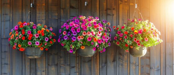 Beautiful hanging baskets with bright calibrachoa flowers on a wooden wall lit by the sun on a terrace