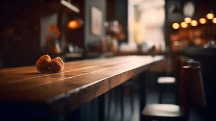 Background of a cafe interior with a blurred wooden table top.