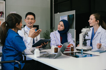 Naklejka premium Doctor team, analysis the blood test examination results and medication usage of the patient on the chart, medical check-up concept.