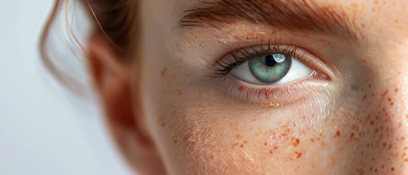 Beauty portrait of girl with freckles applying facial cream under eye for anti aging effects on clean face