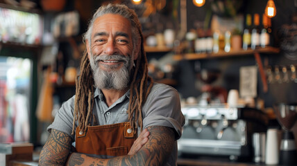Portrait of The male barista with dreadlocks hairstyle is working in the cafe.