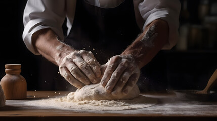 Baker cooking bread. Man slaps flour over the dough. Man's hands Making bread - obrazy, fototapety, plakaty