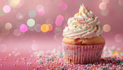 Birthday cupcake composition on pink background with bokeh effect - obrazy, fototapety, plakaty