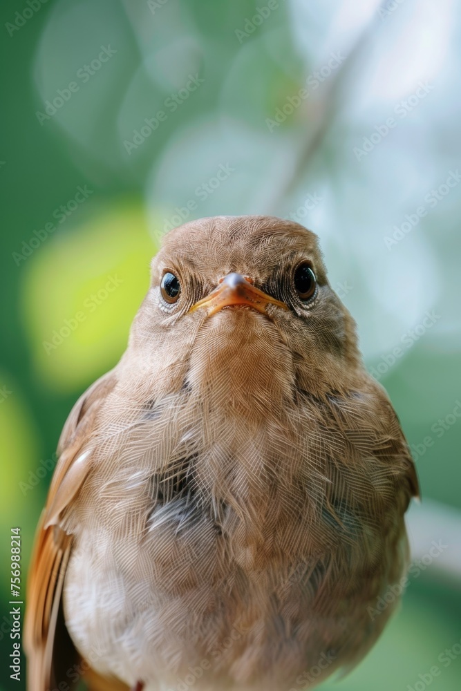 Poster bird is looking at camera with its beak open