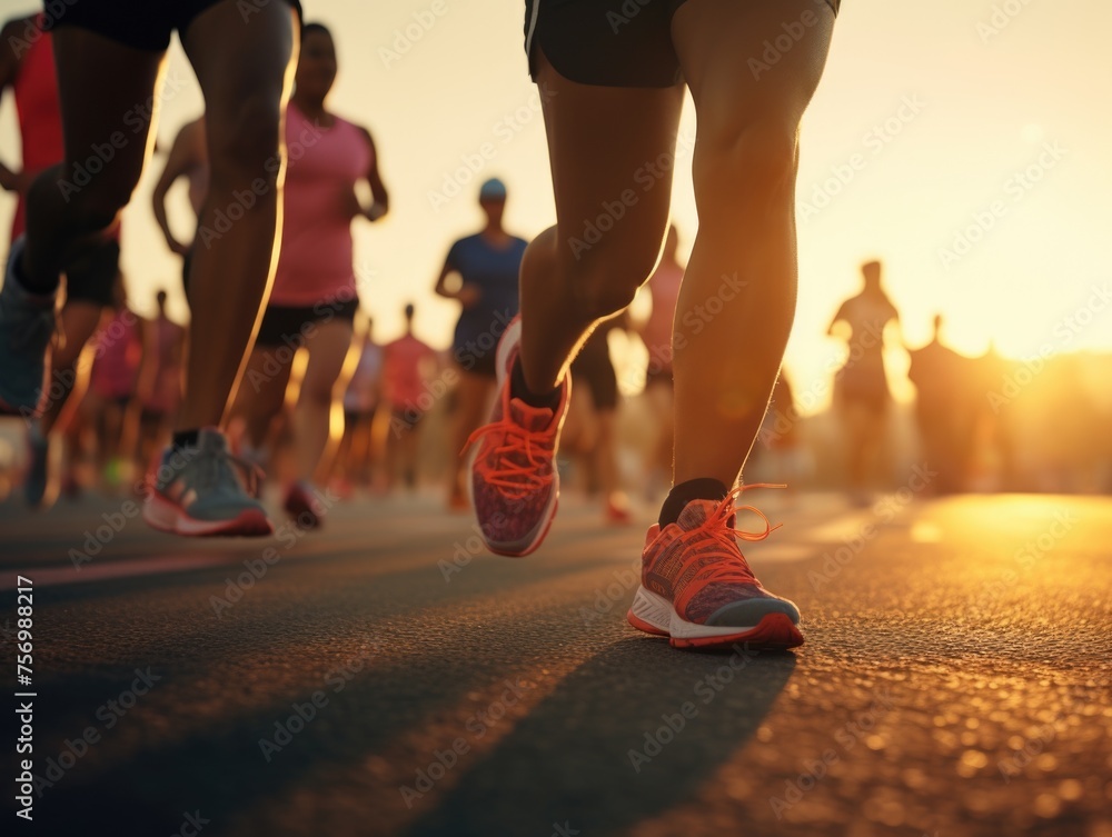 Poster group of runners are running on track with sun setting in background