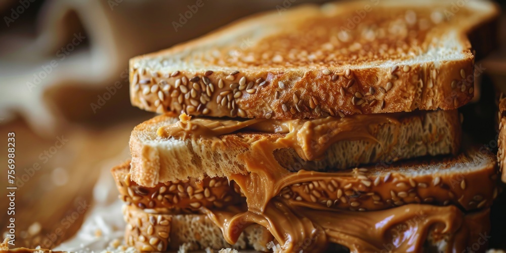 Poster three slices of bread with peanut butter in between them