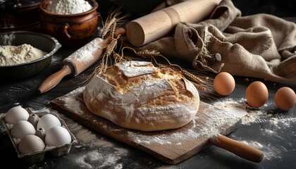 Bread ingredients on dark table dough eggs flour in bag rolling pin wheat and flour Dark background Top view - Powered by Adobe