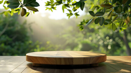 Wooden table with round top and leafy background