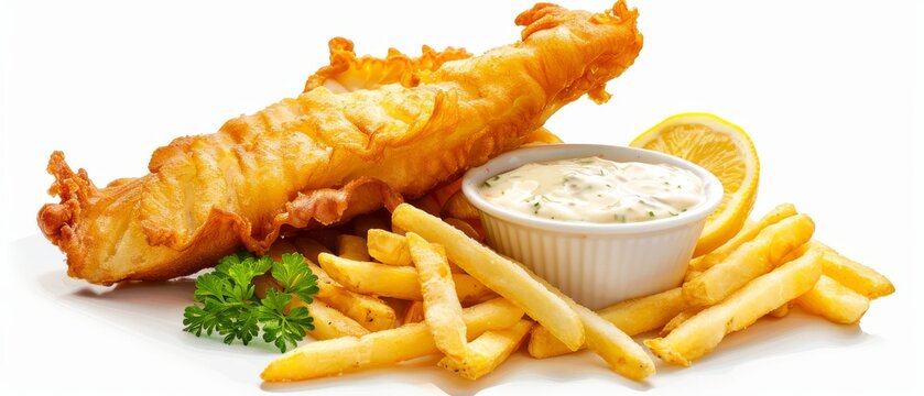 British fish and chips with Tartar sauce on white background - Powered by Adobe