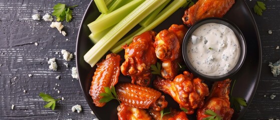 Buffalo wings with celery and blue cheese dip - obrazy, fototapety, plakaty