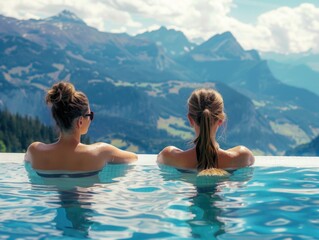 Two women are in pool, one with ponytail and other with bun