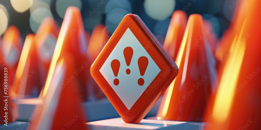 Poster red and white sign with three exclamation points on it is placed in front of a