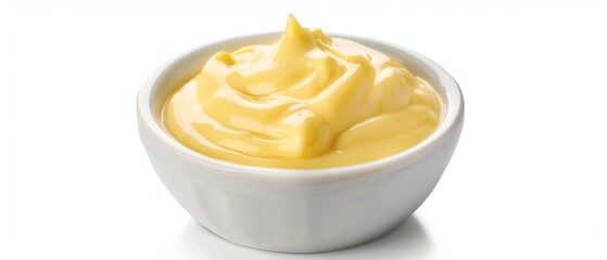 Cheese sauce in ceramic cup on white background