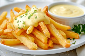 Cheese Sauce on French Fries on White Background - obrazy, fototapety, plakaty