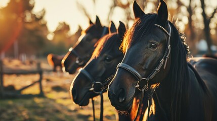 Obraz premium Three horses standing in field with sun shining on them