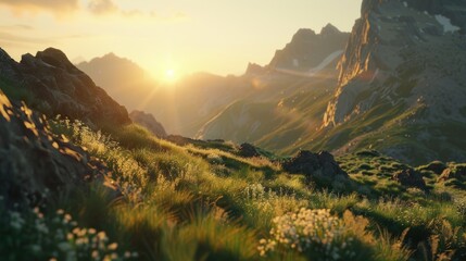 Fototapeta na wymiar Mountain range with sun shining on it