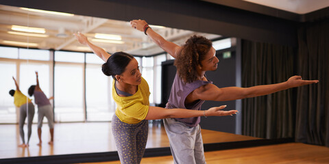 People, ballet and practice a technique in studio, performance and training together for rehearsal. Partners, competitive and movement for recital, team and artists for collaboration in dance routine