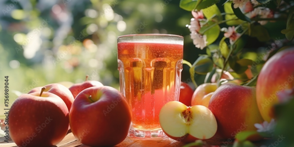 Poster Glass of apple juice is on table with several apples