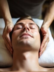 Man is getting massage with his head on pillow