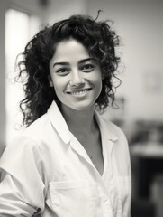 Woman with curly hair is smiling and wearing white shirt