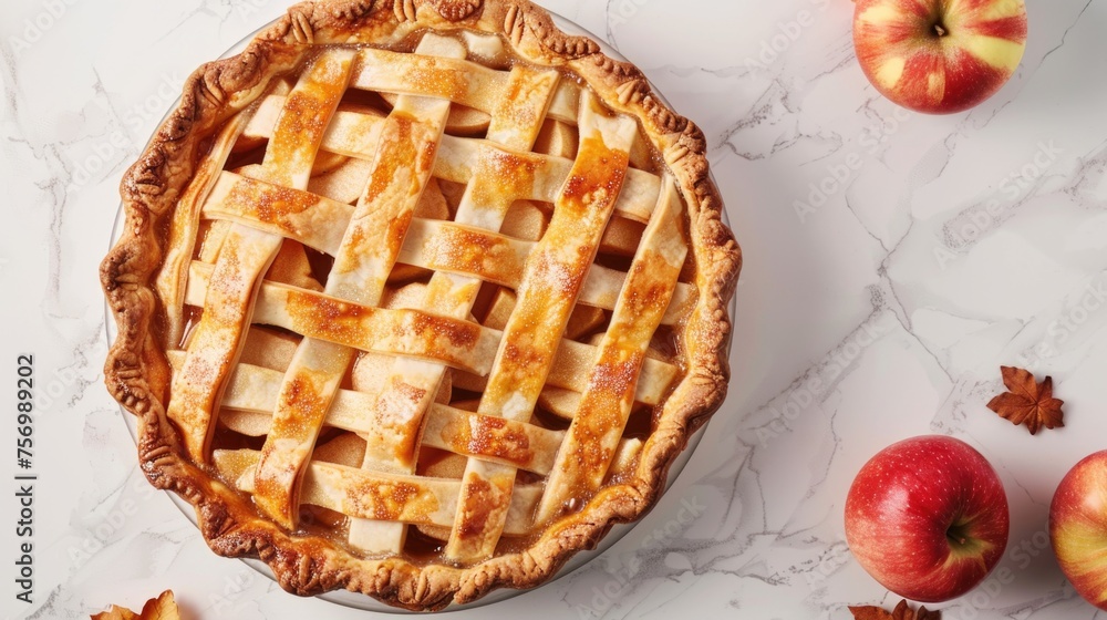 Poster pie with lattice crust and apples on table