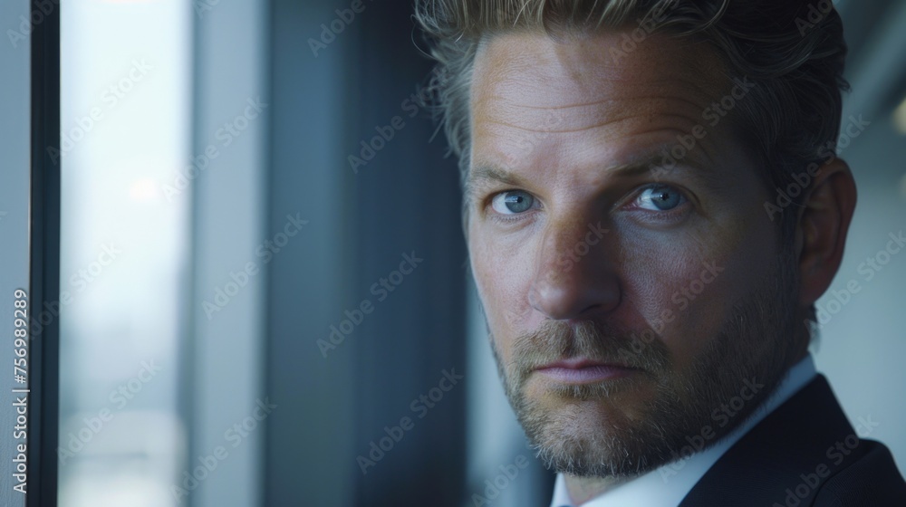 Poster man with beard and blue eyes is standing in front of window