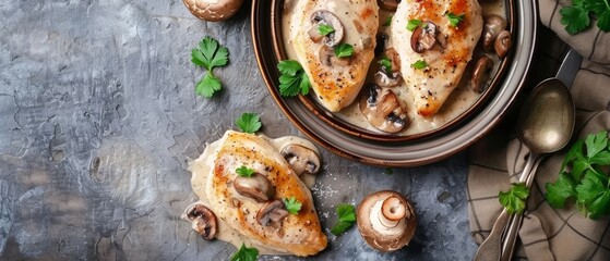 Chicken breast with mushrooms in cream sauce on a plate Top view
